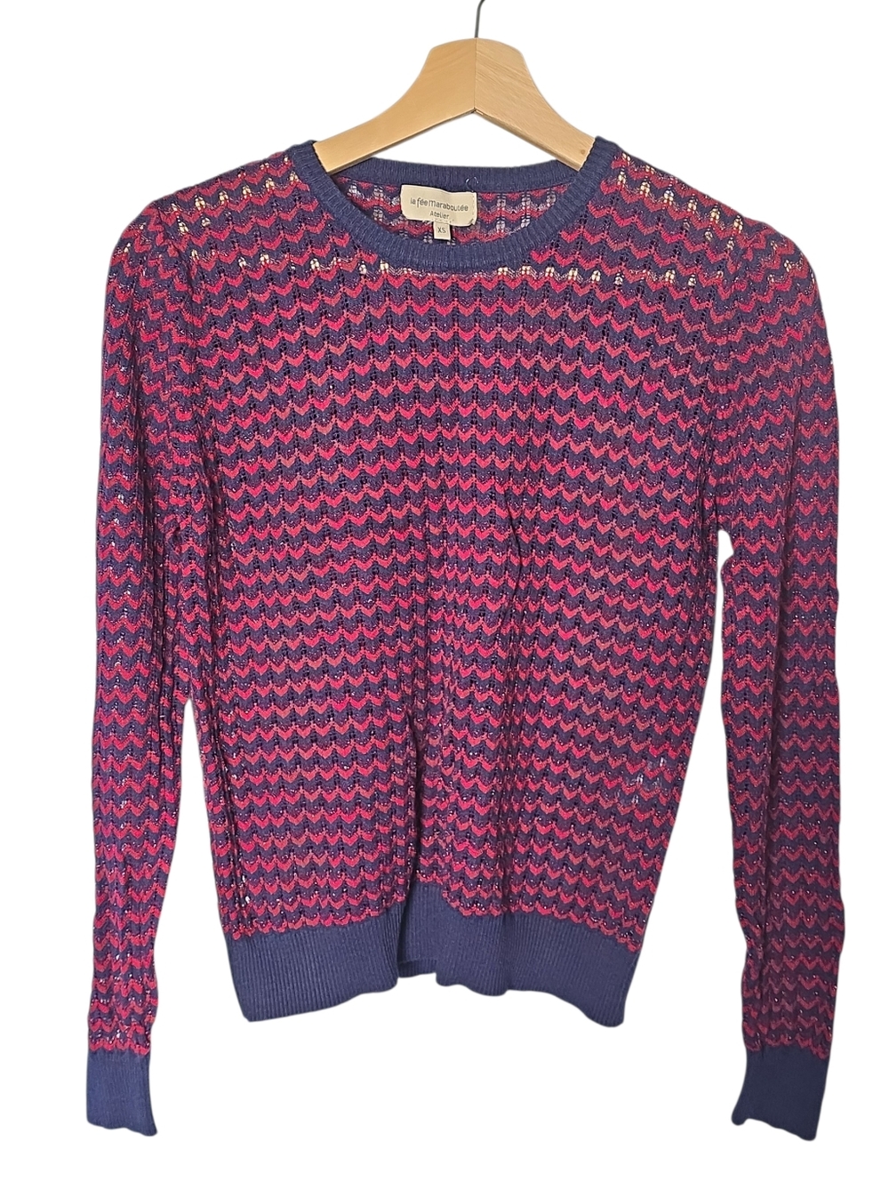 LA FÉE MARABOUTÉE ATELIER Pointelle Crew Knit Top Blue Purple Maroon Zigzag XS
